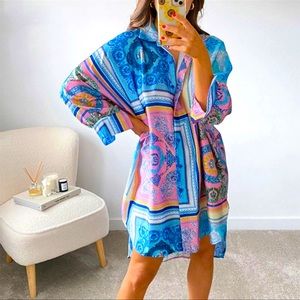 Vintage print dress long sleeves high front long back sexy casual ,blue green.